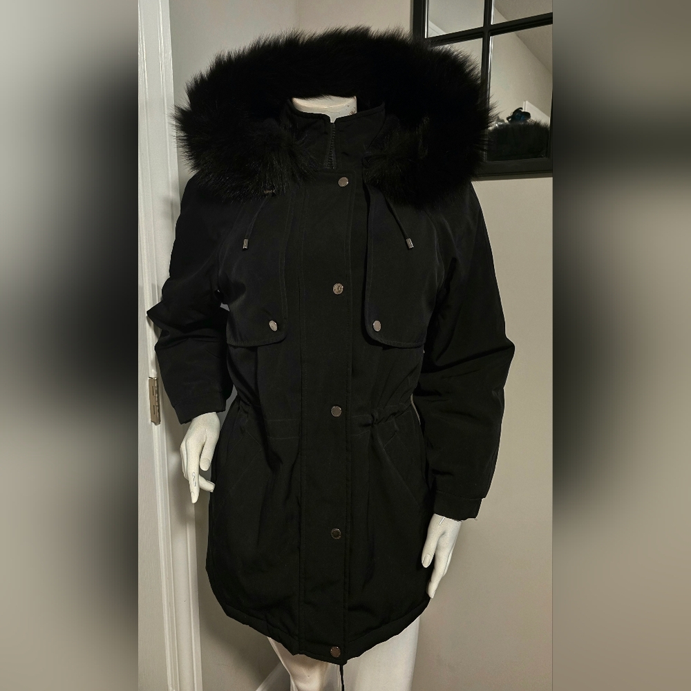 Small London Fog Women Coat Black Cinch Waist Zip Up Button Up Waterproof Remova